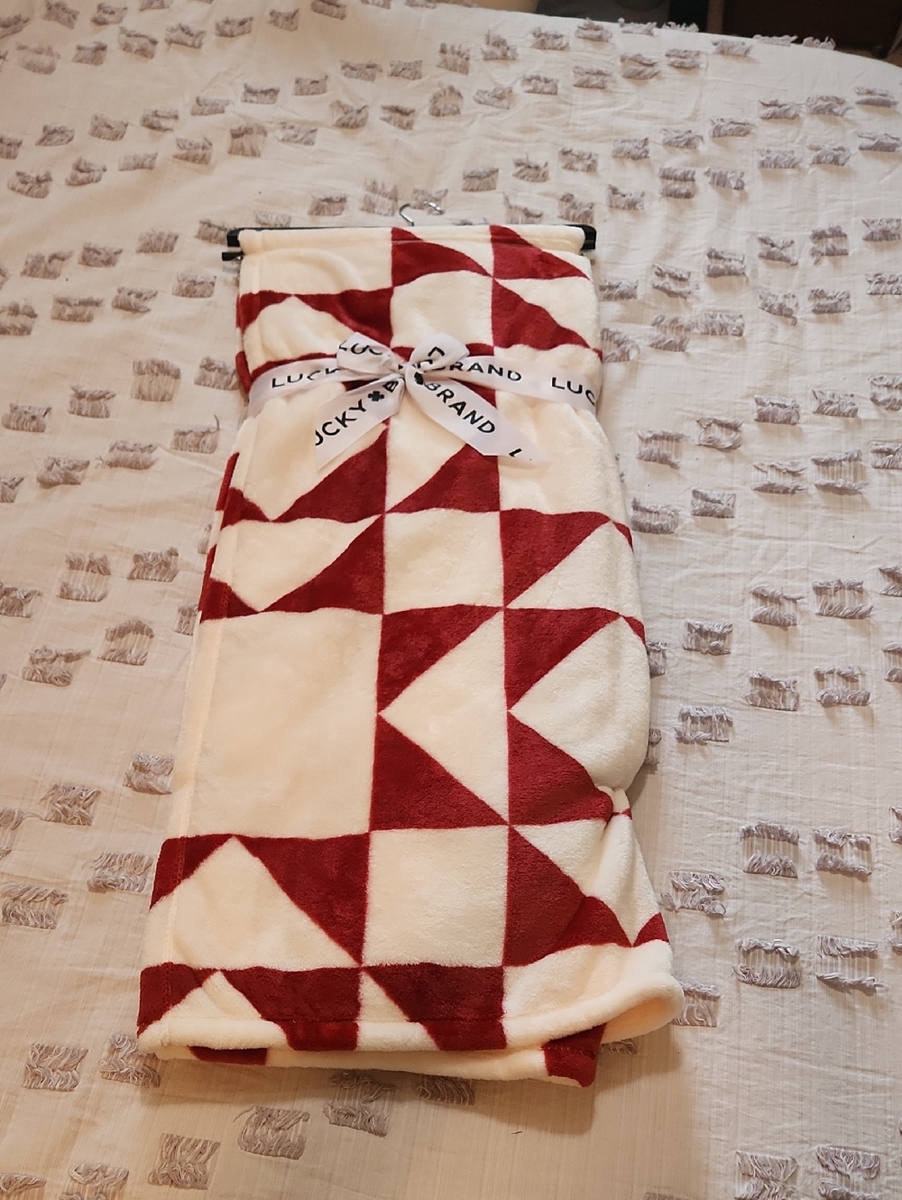 Lucky Brand Cream and Red Geometric Plush Throw